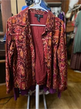 OS Mixed Print Red Button-Front Jacket (missing a button) as photographed